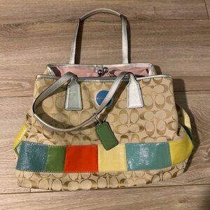 Coach #F17444 Khaki Monogram Canvas Multicolor Leather Stripe Doctors Bag Purse